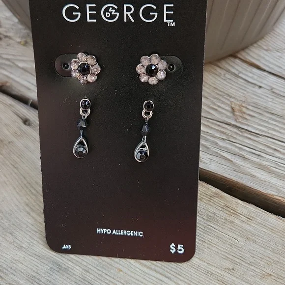 George Womens Earrings 5 Pc Set Dangle Studs with Silver Black Tones Rhinestones - Picture 9 of 10